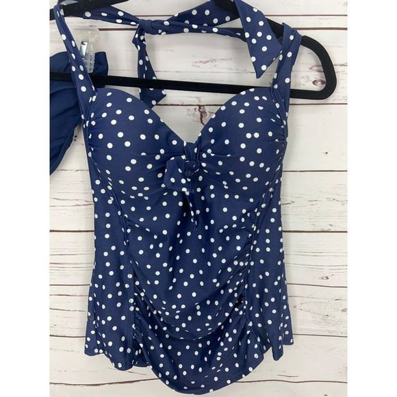 Merona Navy Blue Polka Dotted Size Medium 2 Piece Padded Tankini Swimsuit - Picture 2 of 8